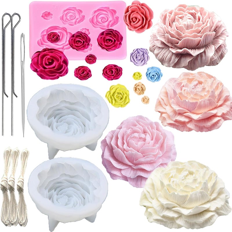 Nimozekd 3PCS Rose & Peony Flowers Silicone molds Cake Chocolate Mold Peony Flower Candle Molds with Large-Eye Wicking Needle Candlewick etc Wedding Cake Decorating Tools Fondant Sugarcraft Cake Mold - Image 1